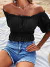 Off-Shoulder Frill Trim Peplum Top Black Blouses - Tophatter Daily Deals