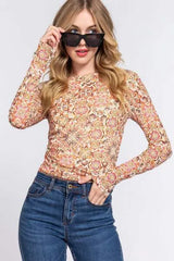 ACTIVE BASIC Ruched Printed Long Sleeve Top CREAM GOLD Blouses - Tophatter Daily Deals