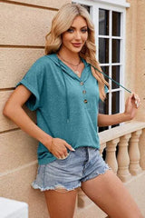 Half Button Drawstring Short Sleeve Hooded T-Shirt Women's T-Shirts - Tophatter Daily Deals
