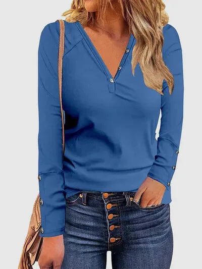 Decorative Button V-Neck Long Sleeve T-Shirt Peacock Blue Women's T-Shirts - Tophatter Daily Deals