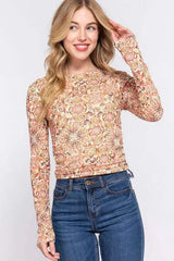 ACTIVE BASIC Ruched Printed Long Sleeve Top Blouses - Tophatter Daily Deals