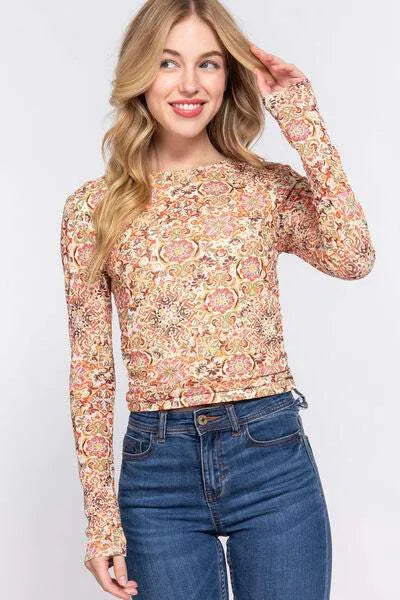 ACTIVE BASIC Ruched Printed Long Sleeve Top Blouses - Tophatter Daily Deals