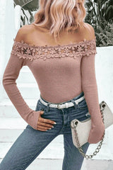 Off-Shoulder Lace Trim Ribbed Tee Light Mauve Blouses - Tophatter Daily Deals
