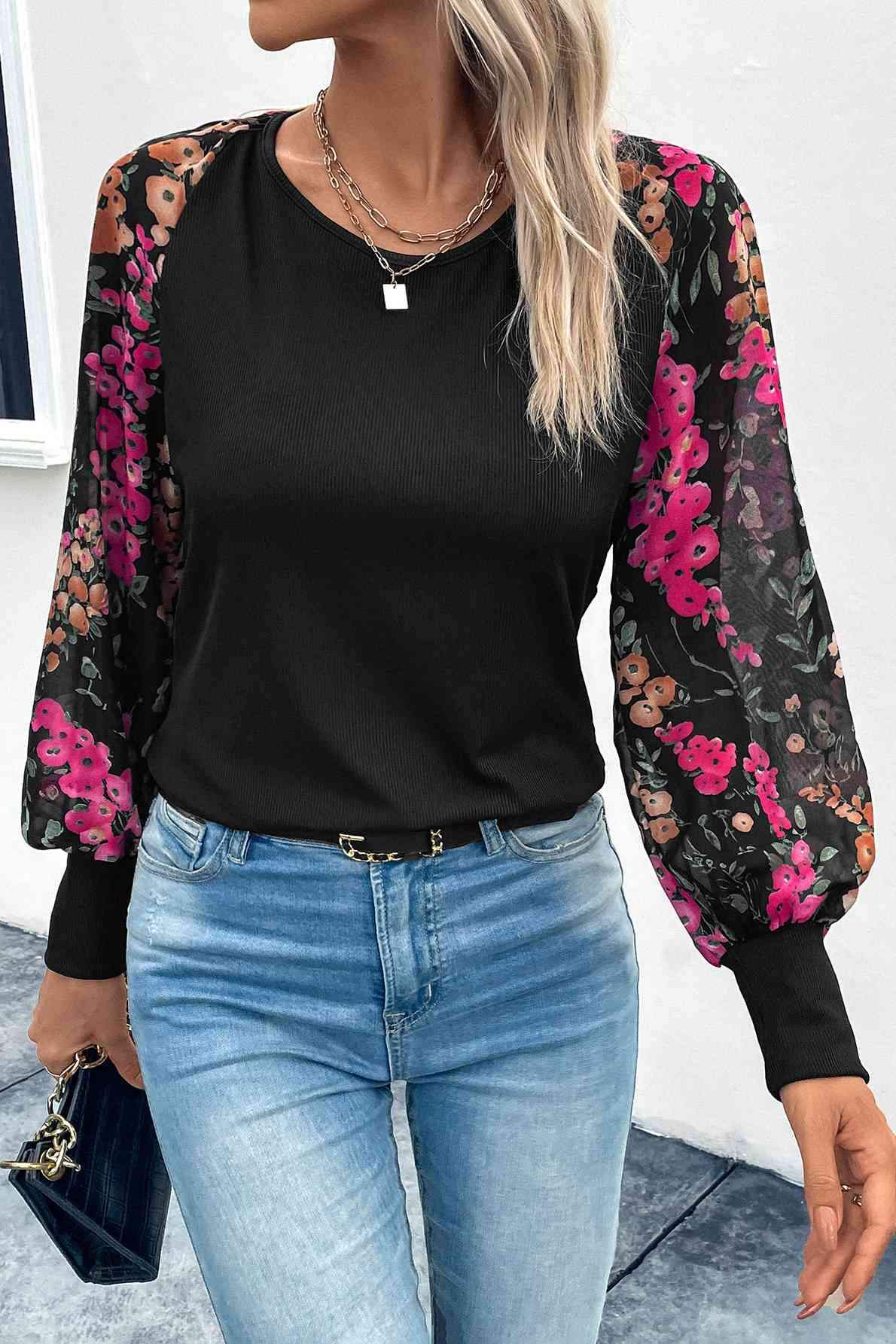 Floral Round Neck Lantern Sleeve Blouse Black Blouses - Tophatter Daily Deals