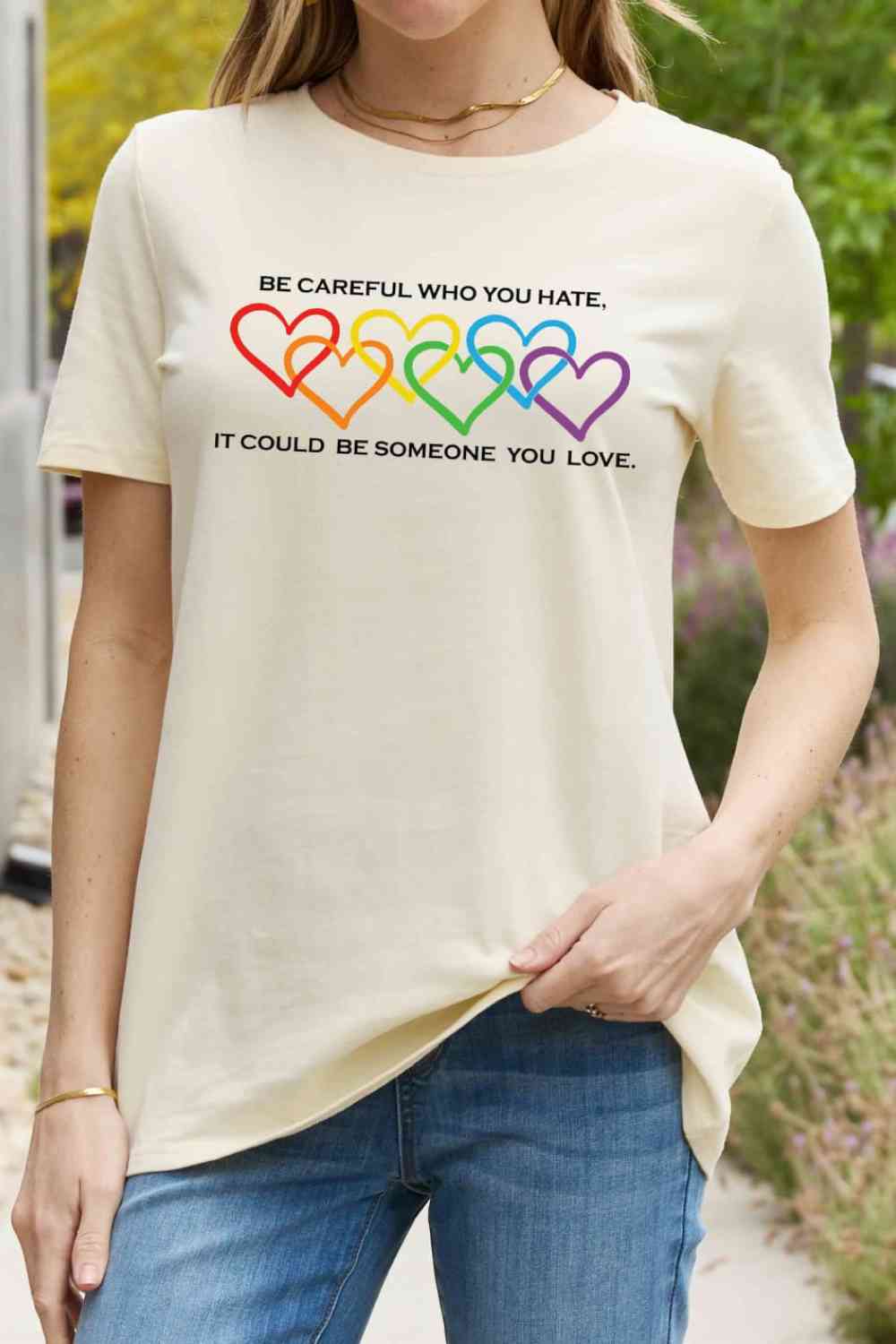 Simply Love Full Size Heart Slogan Graphic Cotton Tee Ivory Women's T-Shirts - Tophatter Daily Deals