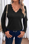 Spliced Lace V-Neck Ribbed Top Black Women's T-Shirts - Tophatter Daily Deals