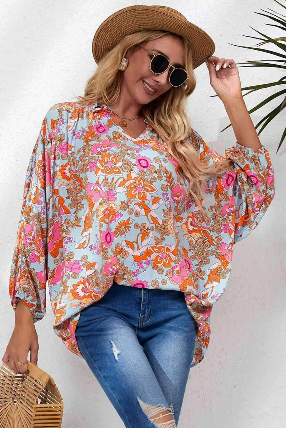 Floral Frill Trim Balloon Sleeve Blouse Blouses - Tophatter Daily Deals