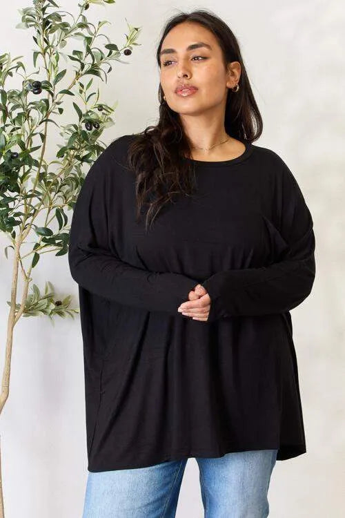 Zenana Full Size Round Neck Long Sleeve Top with Pocket Blouses - Tophatter Daily Deals