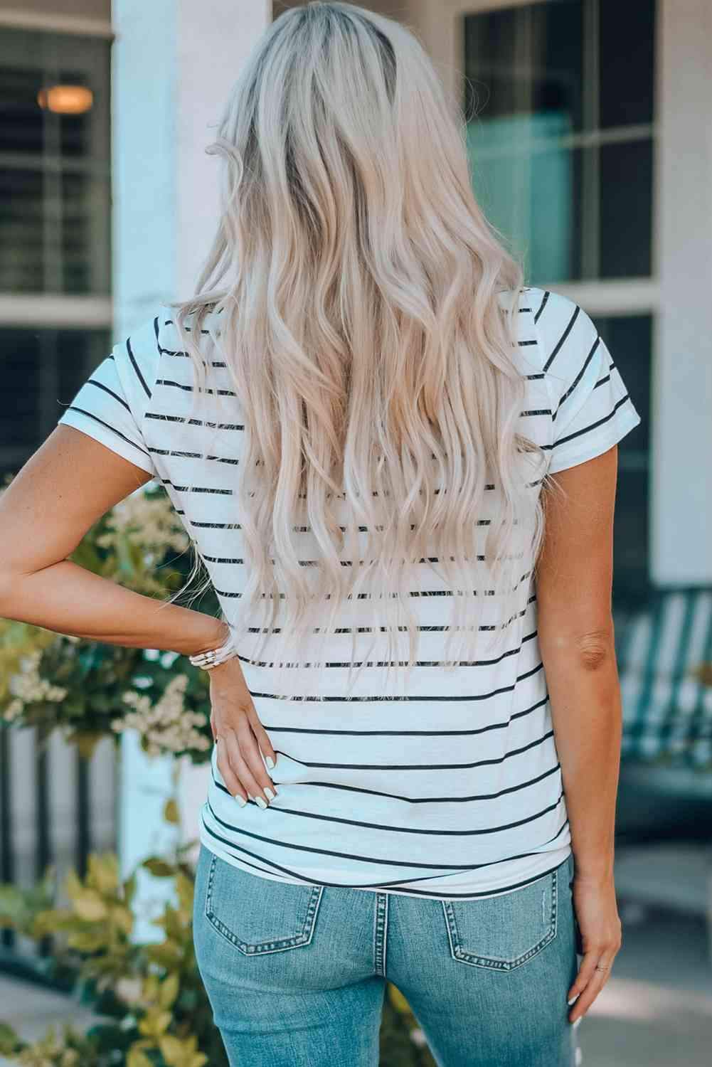 Striped Notched Neck T-Shirt Women's T-Shirts - Tophatter Daily Deals