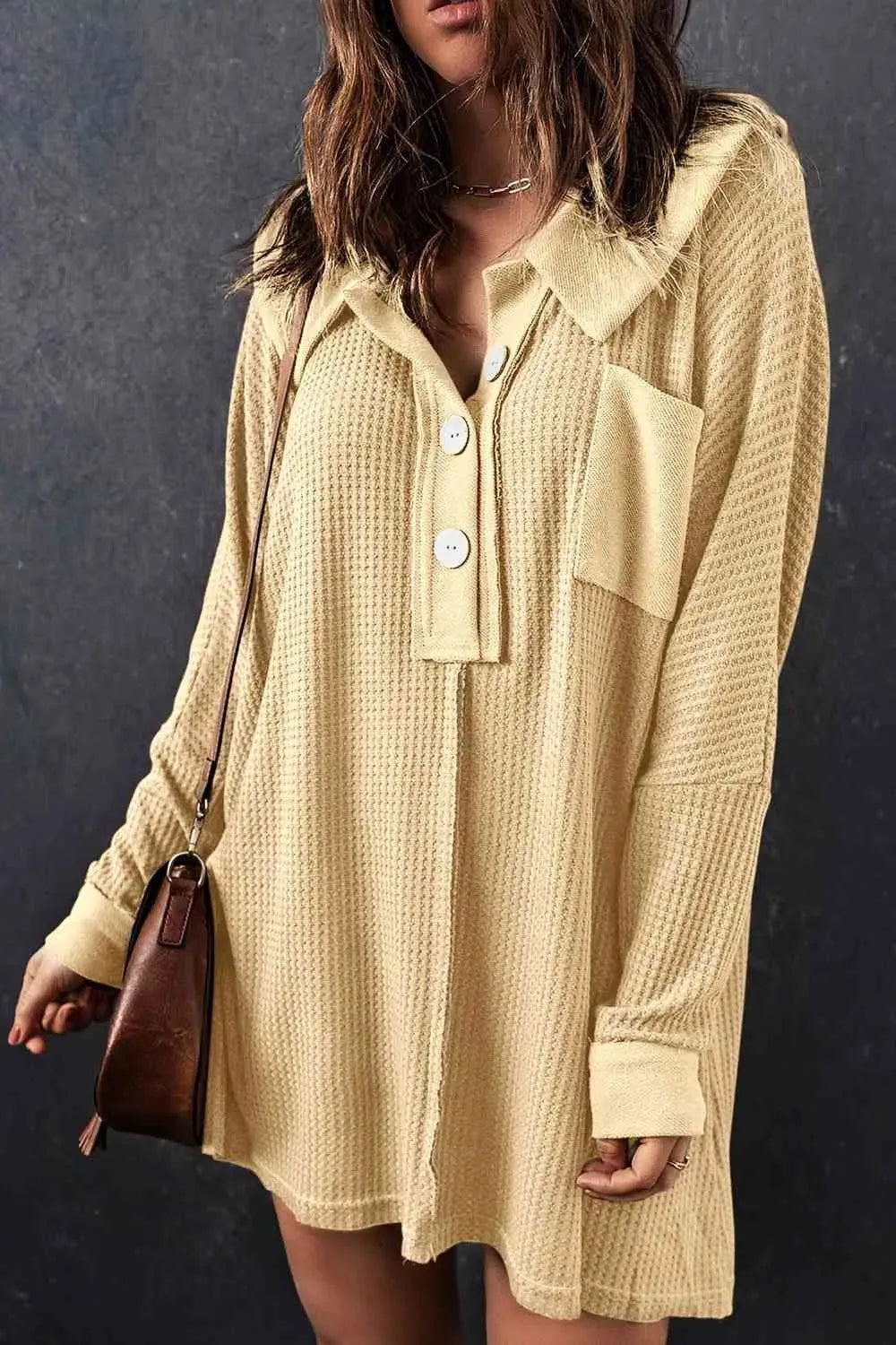 Waffle Knit Buttoned Long Sleeve Top with Breast Pocket Sand Blouses - Tophatter Daily Deals