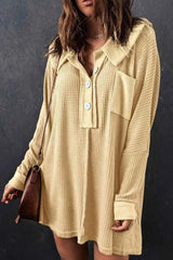 Waffle Knit Buttoned Long Sleeve Top with Breast Pocket Sand Blouses - Tophatter Daily Deals