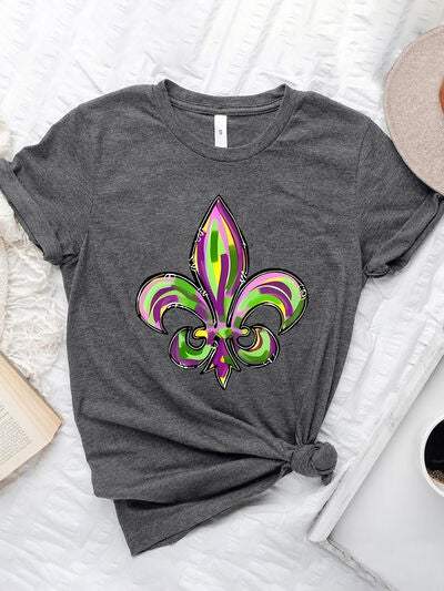 Mardi Gras Graphic Round Neck Short Sleeve T-Shirt Charcoal Women's T-Shirts - Tophatter Daily Deals