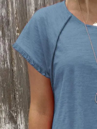 Raw Hem Round Neck Short Sleeve T-Shirt Women's T-Shirts - Tophatter Daily Deals