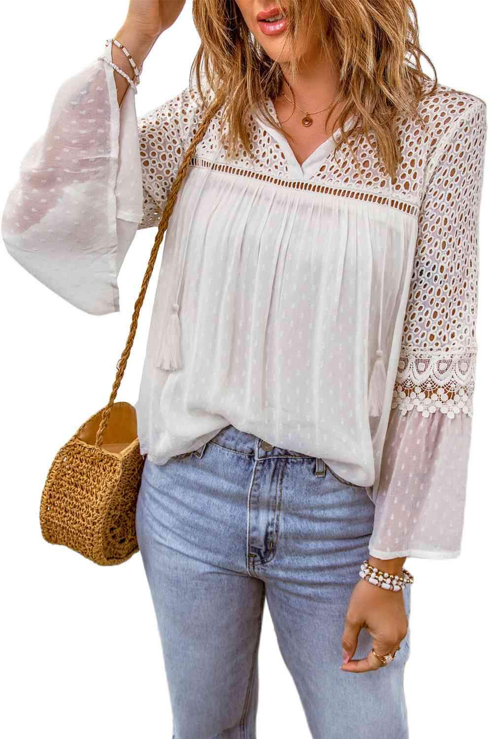 Eyelet Tassel Tie Flare Sleeve Blouse Blouses - Tophatter Daily Deals