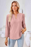 V-Neck Roll-Tap Sleeve Blouse Dusty Pink Blouses - Tophatter Daily Deals