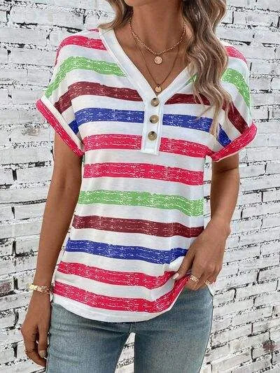 Striped V-Neck Short Sleeve T-Shirt Women's T-Shirts - Tophatter Daily Deals