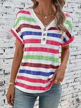 Striped V-Neck Short Sleeve T-Shirt Women's T-Shirts - Tophatter Daily Deals