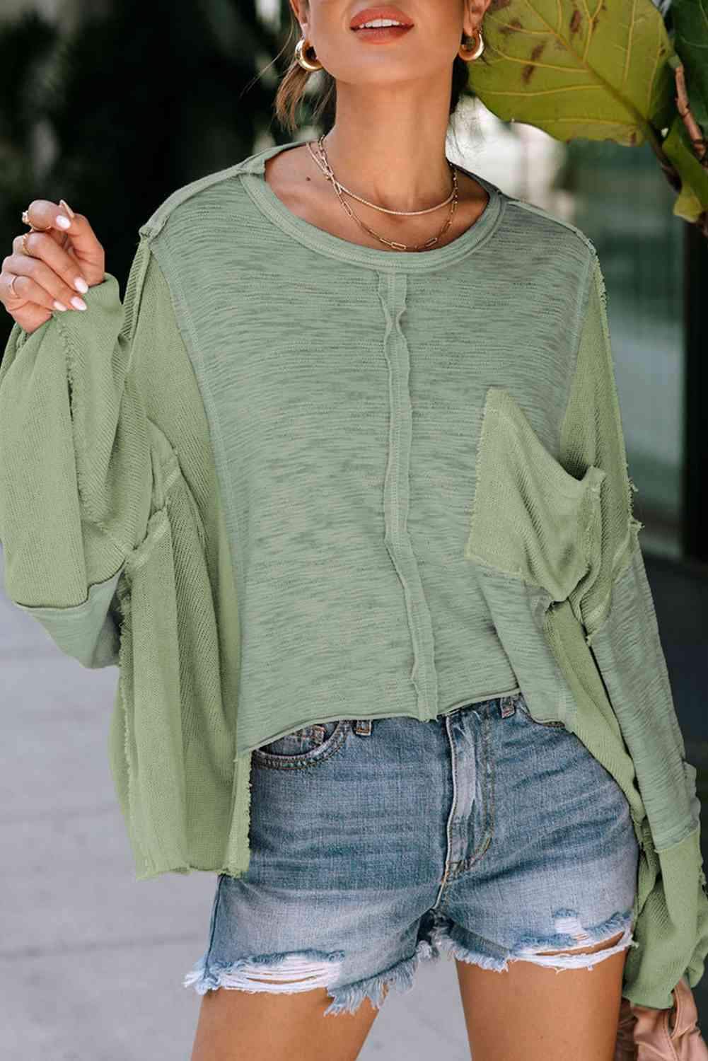 Exposed Seam Round Neck Top with Pocket Sage Blouses - Tophatter Daily Deals