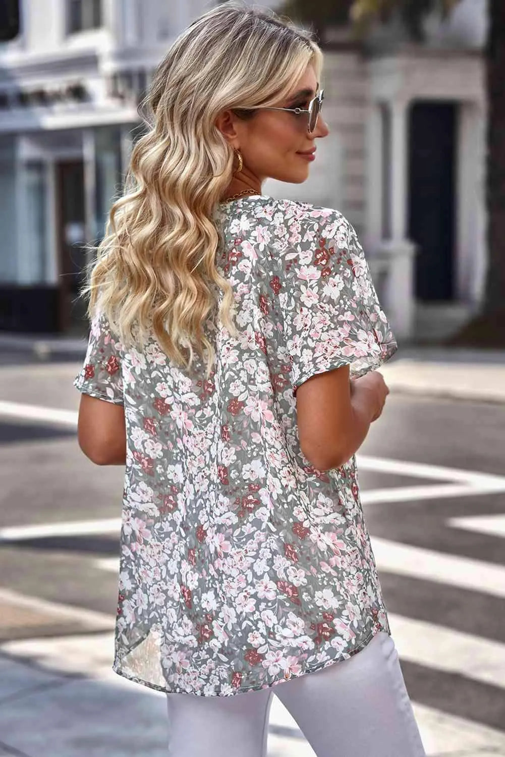 Floral Notched Neck Flutter Sleeve Blouse Blouses - Tophatter Daily Deals
