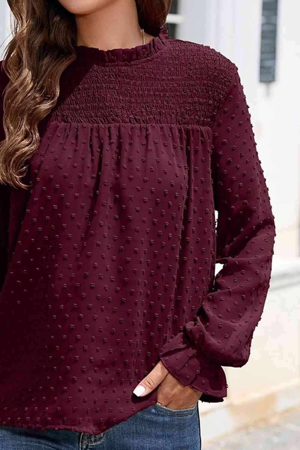 Smocked Mock Neck Swiss Dot Top Blouses - Tophatter Daily Deals