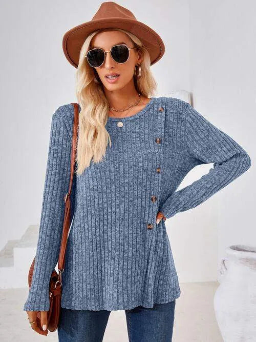Ribbed Buttoned Round Neck Slit T-Shirt Women's T-Shirts - Tophatter Daily Deals