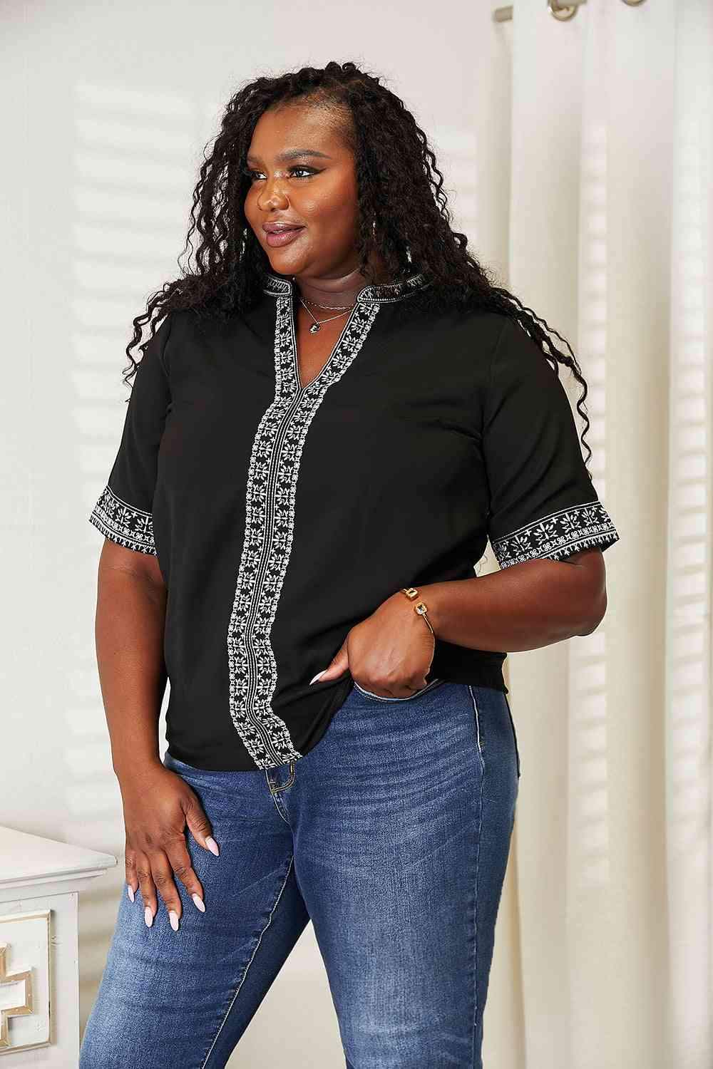 Double Take Embroidered Notched Neck Top Blouses - Tophatter Daily Deals