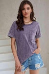 Mineral Wash Round Neck Short Sleeve Blouse Dusty Purple Blouses - Tophatter Daily Deals