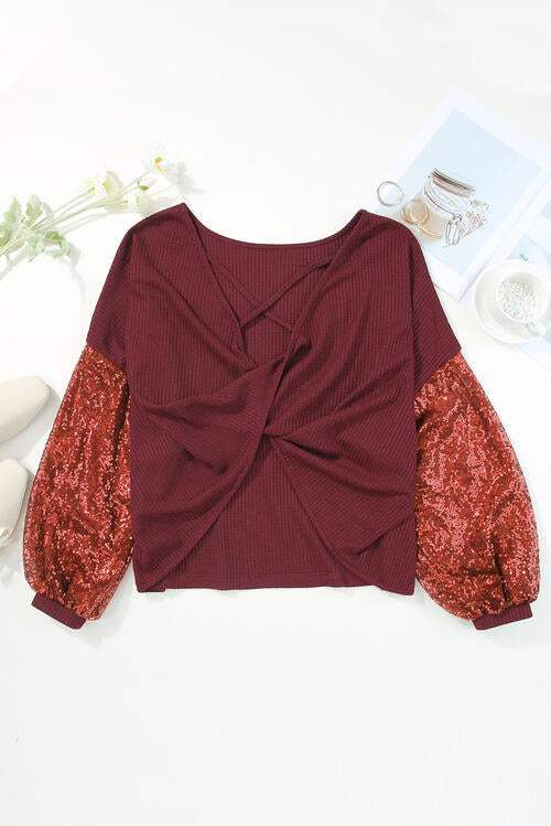 Nutcracker Sequin Crisscross Twisted Back Long Sleeve Blouse Blouses - Tophatter Daily Deals