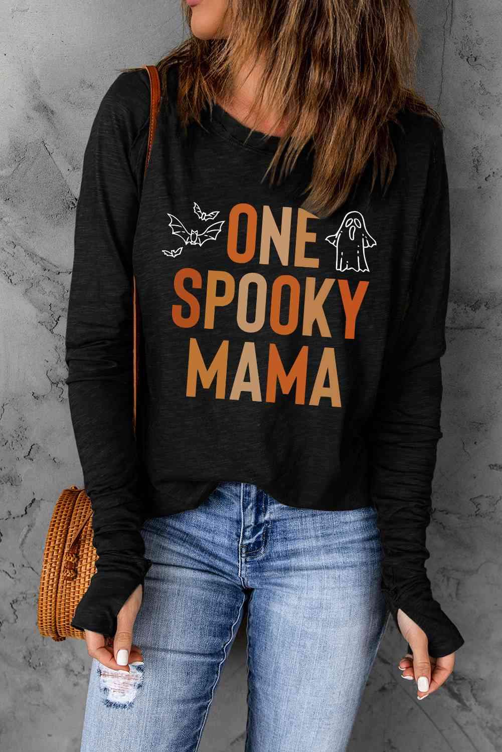 Round Neck Long Sleeve ONE SPOOKY MAMA Graphic T-Shirt Women's T-Shirts - Tophatter Daily Deals