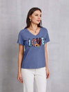 Letter Graphic V-Neck Short Sleeve T-Shirt French Blue Women's T-Shirts - Tophatter Daily Deals