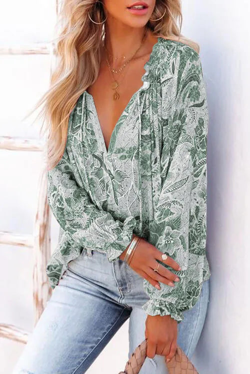 Floral Tie Neck Flounce Sleeve Blouse Blouses - Tophatter Daily Deals