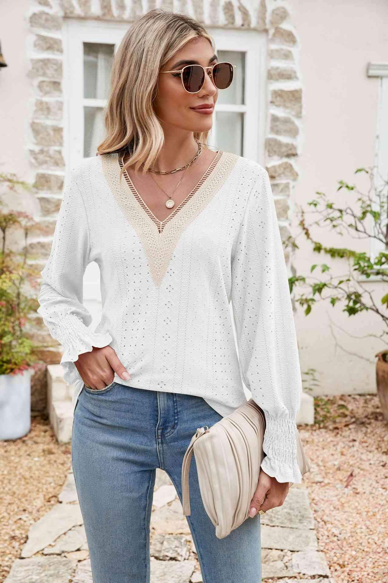 Eyelet V-Neck Smocked Flounce Sleeve Blouse White Blouses - Tophatter Daily Deals