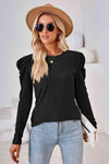 Round Neck Puff Sleeve Blouse Black Blouses - Tophatter Daily Deals