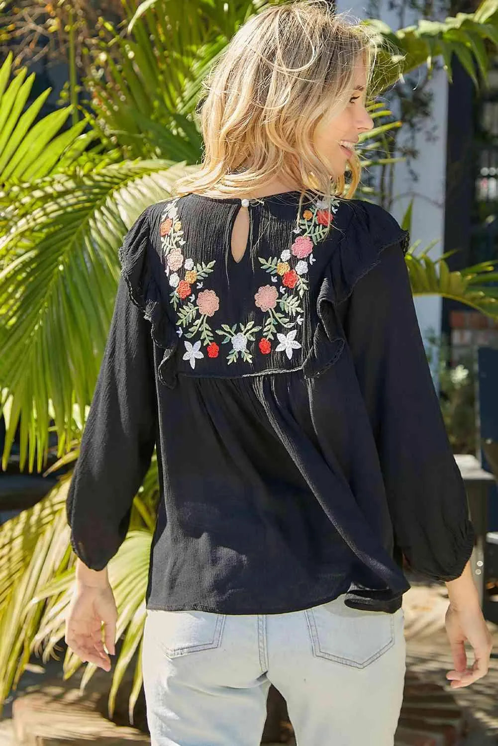 Embroidered Round Neck Ruffled Blouse Blouses - Tophatter Daily Deals