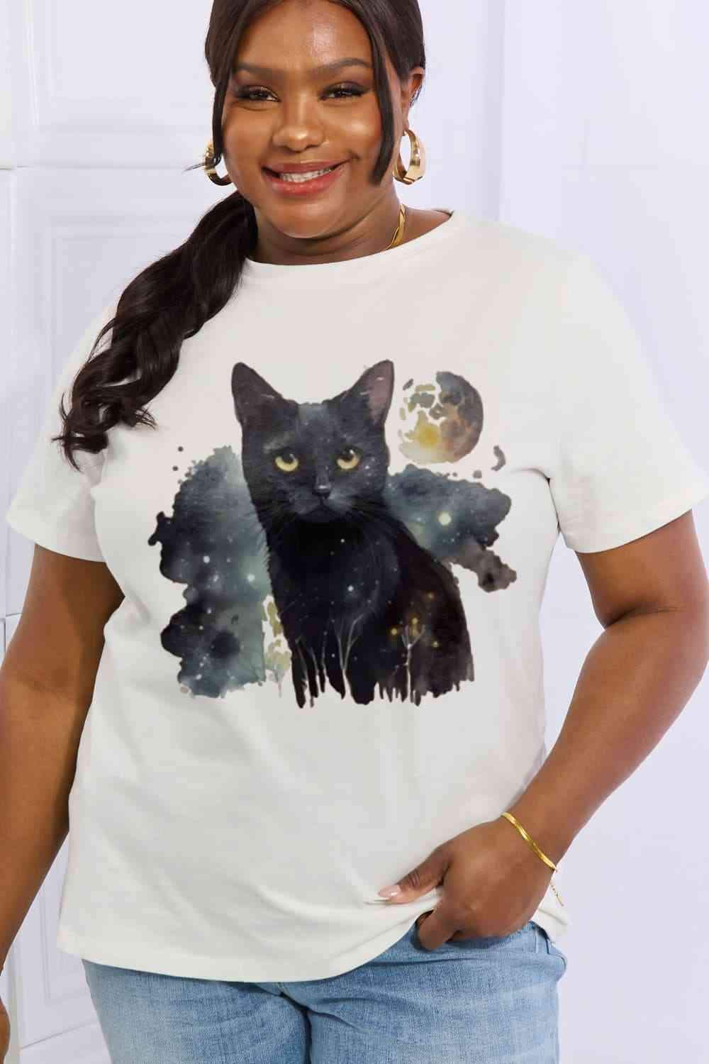 Simply Love Full Size Black Cat Graphic Cotton Tee Bleach Women's T-Shirts - Tophatter Daily Deals