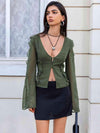 Ruffled V-Neck Long Sleeve Top Moss Blouses - Tophatter Daily Deals