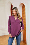 Buttoned Notched Neck Long Sleeve Top Blouses - Tophatter Daily Deals