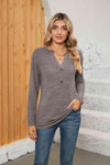 Notched Neck Long Sleeve T-Shirt Mocha Women's T-Shirts - Tophatter Daily Deals