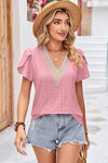 Eyelet V-Neck Petal Sleeve T-Shirt Women's T-Shirts - Tophatter Daily Deals