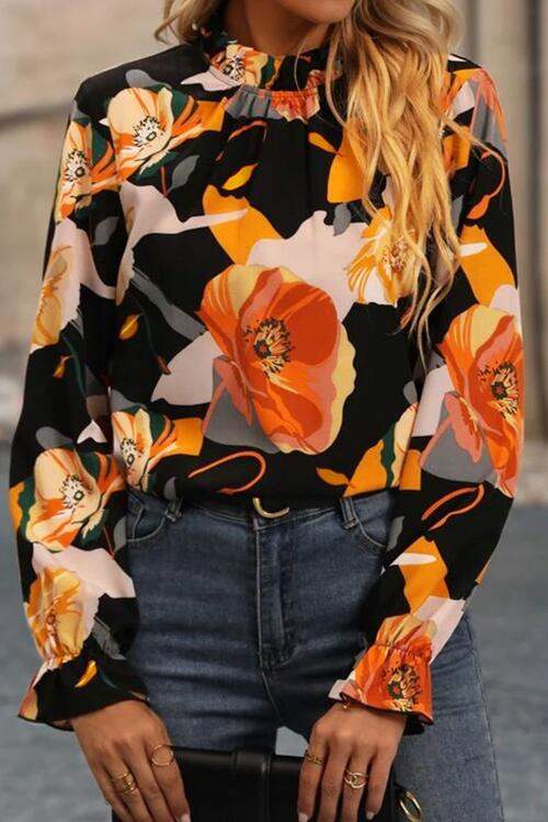 Floral Mock Neck Flounce Sleeve Blouse Black Blouses - Tophatter Daily Deals