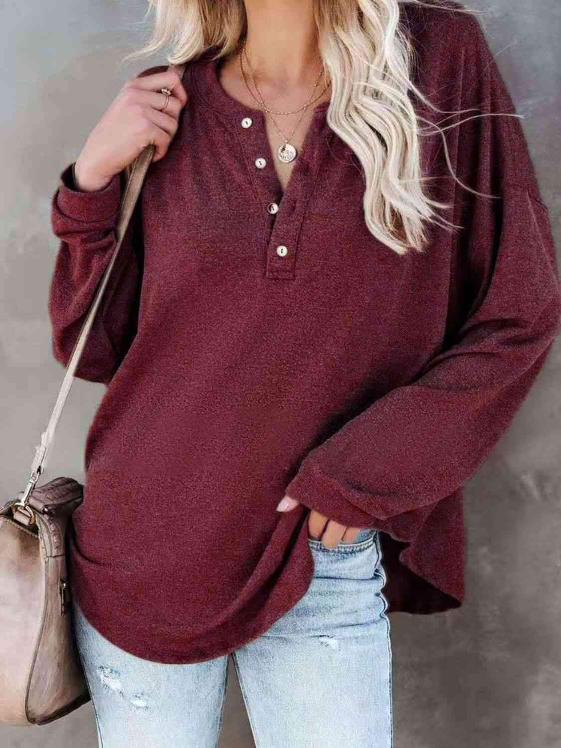 Buttoned Drop Shoulder Top Women's T-Shirts - Tophatter Daily Deals