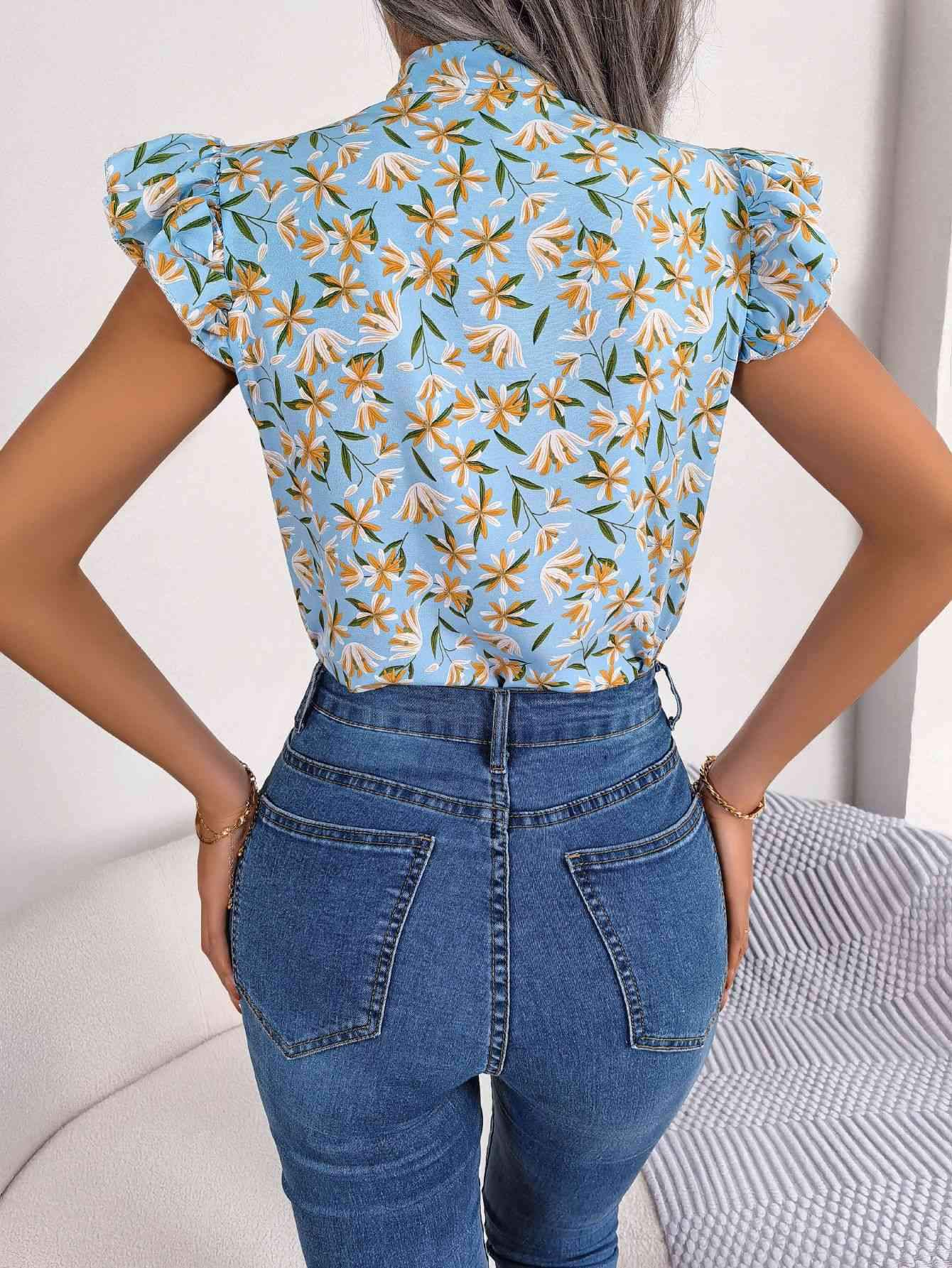 Floral Tie Neck Flutter Sleeve Blouse Blouses - Tophatter Daily Deals