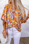 Floral Puff Sleeve Boat Neck Blouse Orange XL Blouses - Tophatter Daily Deals