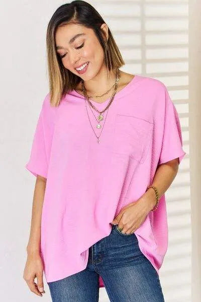 Zenana Texture Short Sleeve T-Shirt Candy Pink Blouses - Tophatter Daily Deals