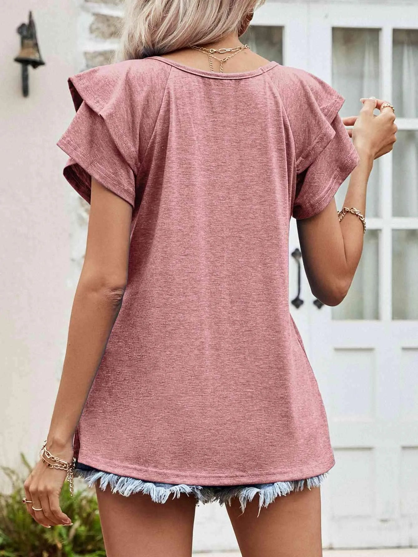 Layered Flutter Sleeve V-Neck Top Women's T-Shirts - Tophatter Daily Deals