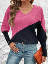 Contrast Buttoned V-Neck Blouse Strawberry Blouses - Tophatter Daily Deals
