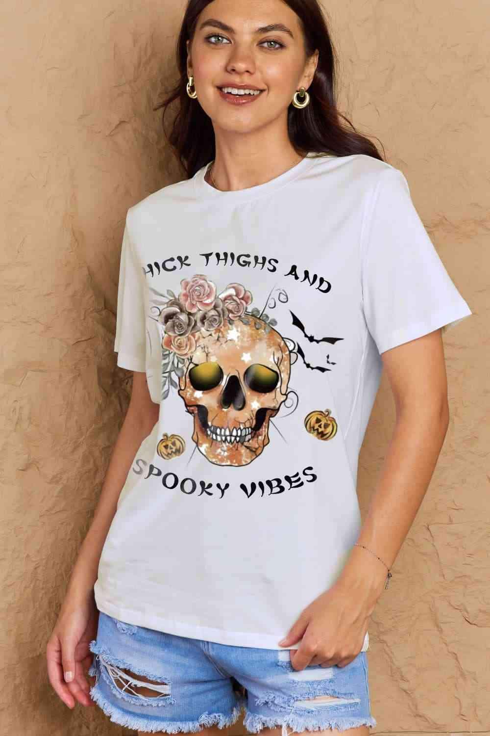 Simply Love Full Size THICK THIGHS AND SPOOKY VIBES Graphic Cotton T-Shirt Women's T-Shirts - Tophatter Daily Deals