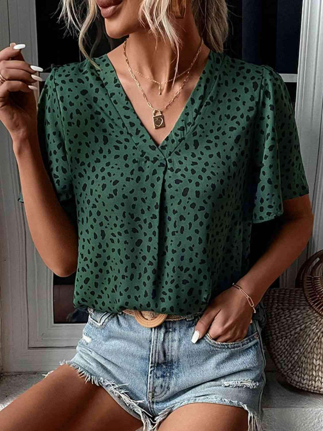 Animal Print V-Neck Flutter Sleeve Blouse Blouses - Tophatter Daily Deals