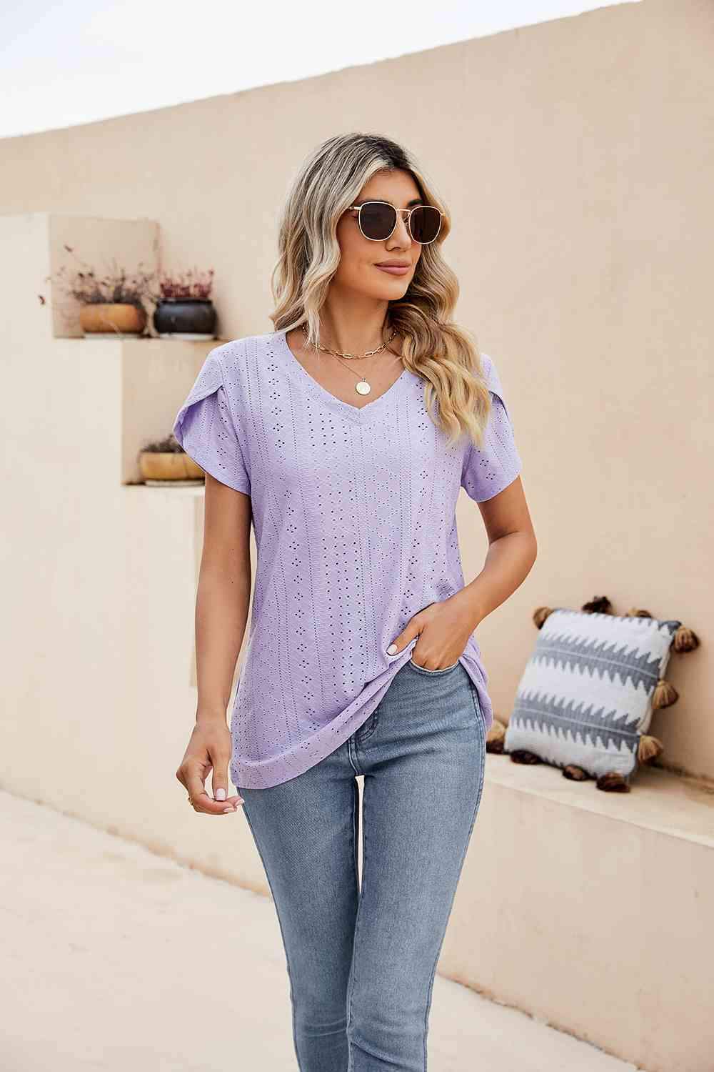 Eyelet Petal Sleeve V-Neck Knit Top Lavender Blouses - Tophatter Daily Deals