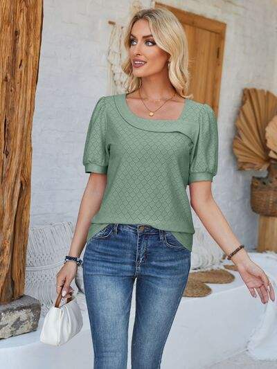 Eyelet Asymmetrical Neck Short Sleeve T-Shirt Women's T-Shirts - Tophatter Daily Deals